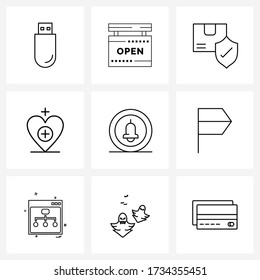 Símbolos aislados de 9 iconos de línea simples de campana; hospital; seguro; más; Ilustración del vector del corazón