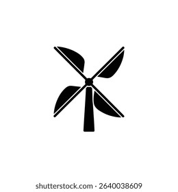 Isolated, symmetrical, and minimalist wind turbine icon against a white background, featuring a central hub and four blades. Depicting clean energy technology.