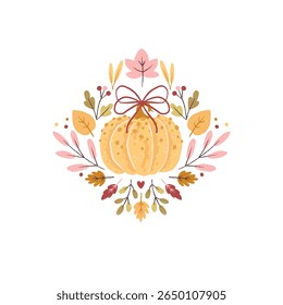 Isolated symmetrical pumpkin clipart with a ribbon bow and autumn leaves. Hand-drawn kawaii vector on white. Perfect for seasonal cards, stickers, scrapbooking and decor