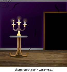 an isolated table with candles on a colored background