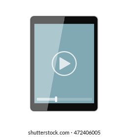 Isolated tablet screen with play button on white background. Concept of video, audio playback, multimedia, stream.