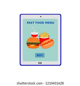 Isolated tablet technology device display online shopping with delicious fast food menu 