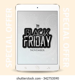 Isolated tablet with text and texture on its screen for black friday sales