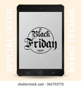 Isolated tablet with text and texture on its screen for black friday sales