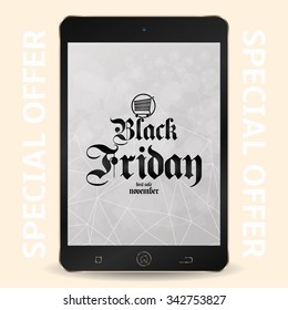 Isolated tablet with text and texture on its screen for black friday sales