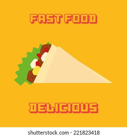 an isolated taco on a yellow background with text