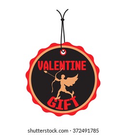 Isolated tag with cupid silhouette and the text Valentine gift written with red letters on the tag