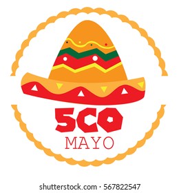 Isolated tag with a mexican hat and text, Cinco de mayo vector illustration