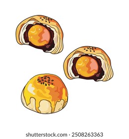 Isolated Taiwanese mooncake, half cut and whole pice of Traditional mooncakes made with sweetened mung bean and salt egg, wrapped in a delicate, flaky pastry.Asian mid autumn festival food vector.