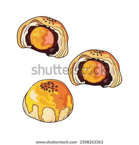 Isolated Taiwanese mooncake, half cut and whole pice of Traditional mooncakes made with sweetened mung bean and salt egg, wrapped in a delicate, flaky pastry.Asian mid autumn festival food vector.