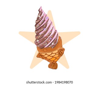 Isolated Taiyaki ice cream on white. Fish wafer with strawberry and vanilla ice cream flavor decoration unicorn style. Korean ice cream. Anime food illustration. Authentic pastel ice cream and snack.