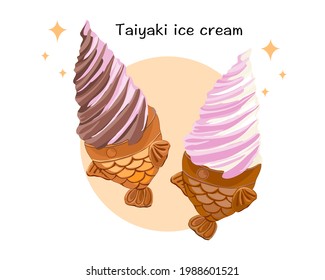 Isolated Taiyaki ice cream on white background . Fish wafer ice cream with 2 tone flavour. Korean ice cream. Anime food illustration. Authentic pastel ice cream and snack