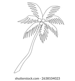 Isolated tall palm tree with a thin trunk, leaves and three coconuts. Cartoon vector illustration for children's coloring book. Black and white.