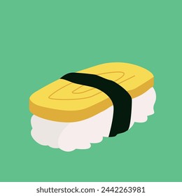 Ilustración aislada del vector del sushi del huevo de Tamago con el fondo verde