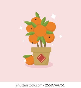 Isolated tangerine, mandarin, clementina tree in a flower pot with sparkles around. Chinese New year, vietnamese tet holiday. Vector illustration.