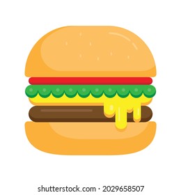 Isolated tasty big hamburger on white background. Flat design cartoon burger with cheese and sesame seeds isolated on white background. Vector illustration. 
