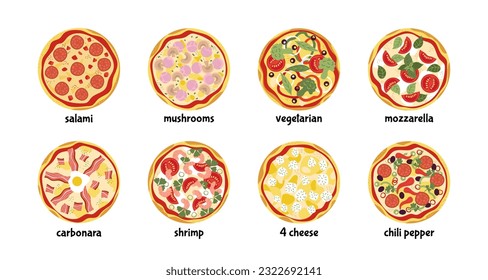 Aislados y sabrosos iconos de la pizza vista de arriba. Salami de pizzas, mozzarella, peperoni. Pizzería, servicio de entrega de comida rápida. Decente juego de cocina italiana vectorial