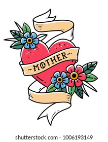 Isolated tattoo red heart with ribbon, flowers and lettering Mother. Ribbon wraps around red heart. Old school style. Retro tattoo.