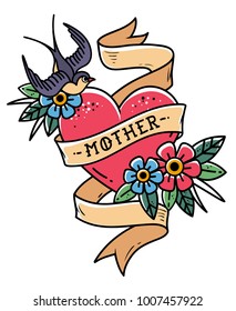 Isolated tattoo red heart with ribbon, swallow, flowers and word Mother. Vector illustration for Mother Day. Old school retro illustration. Retro tattoo.