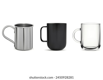 Isolated tea cup template. Hot drink mug, vector mockup illustration. Steel metal camping cup for coffee beverage. Glass mug with handle for cappuccino or espresso