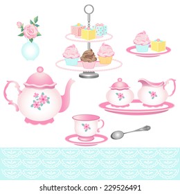 Isolated Tea Party Objects with Teapot,Tea Cup, Cakes and Flowers