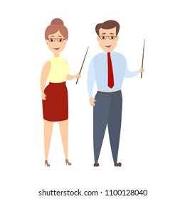 Isolated teachers couple with pointers on white.