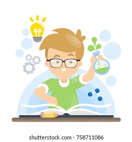 Isolated teaching boy with book and idea on white.