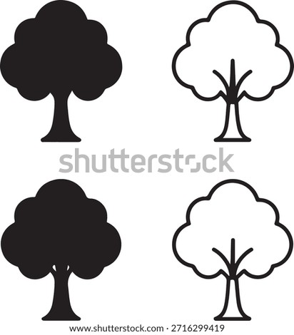 Isolated Teak Tree Icon Set, Teak Hardwood Tree Silhouette Icon Collection, Forest Teak Wood Tree Botanical Icon, Black Minimal Tree Icon, Solid And Outline Vector Design For Nature