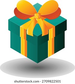 Ilustración aislada de la caja de regalo del verde azulado con un arco dorado y una sombra suave contra un fondo blanco, un concepto clásico del regalo.