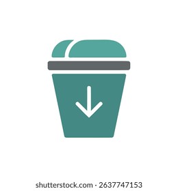 Isolated teal-colored container icon with a downward-pointing arrow and a horizontal dark gray band separating the lid from the container's body, on a white background.