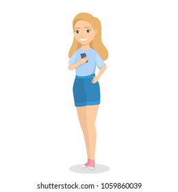 Isolated teenage girl with smartphone on white.