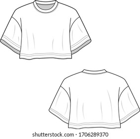 Isolated template of a basic short t-shirt with long sleeves. Front and back flat sketch of a casual shirt. Easy to edit and color