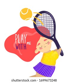 Isolated tennis girl.Cartoon cute tennis girl flat hand drawn vector illustration with handwritten. Cartoon character girl with coral hair with racket.T shirt print desing. Play with me. Sport concept