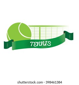 Isolated tennis net and ball with a ribbon with text on a white background