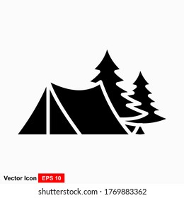 Isolated tents and pine trees against a white background