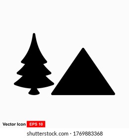 Isolated tents and pine trees against a white background
