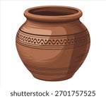 An isolated terracotta pot featuring distinct decorative bands and a classic, earthy aesthetic.