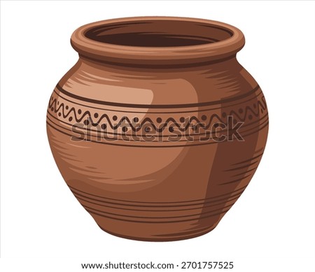 An isolated terracotta pot featuring distinct decorative bands and a classic, earthy aesthetic.