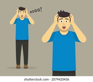 Isolated terrified and scared young male character holding his head and yelling no. Shocked man front view. Flat vector illustration template.