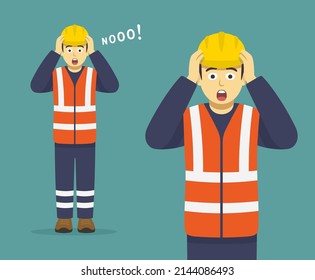 Isolated terrified and scared young male construction worker holding his head and yelling no. Front view. Flat vector illustration template.