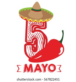 Isolated text with a mexican hat and a pepper, Cinco de mayo vector illustration