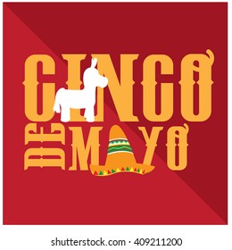 Isolated text with a traditional hat and a donkey toy on a colored background