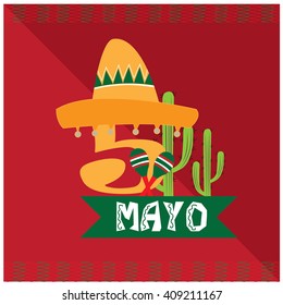 Isolated text with a traditional hat, a pair of maracas and a group of cactus on a colored background