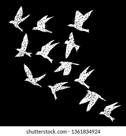 Isolated textured stipple silhouette of white birds flock in the black air Inspirational body flash tattoo ink. Vector.