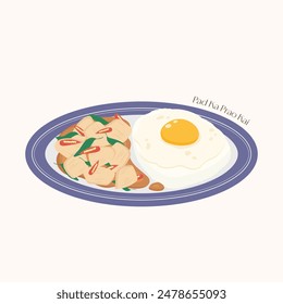 isolated thai spicy stir-fried chicken with holy basil, vector illustration