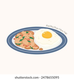 isolated thai spicy stir-fried minced pork with holy basil, vector illustration