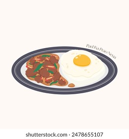 isolated thai spicy stir-fried minced beef with holy basil, vector illustration