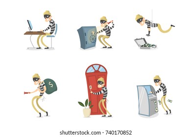 Isolated thief set. Cartoon man with mask stealing money.