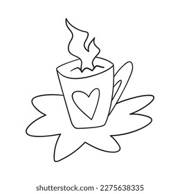 Isolated thin line illustration of a cup of warm drink. Thin line love hand drawn icon for Valentine's day.