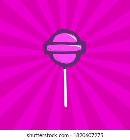 Isolated thin outline lollipop illustration on a bright purple striped line background. Versatile vector graphic perfect for candy-themed designs, illustrations, or sweet-related projects.